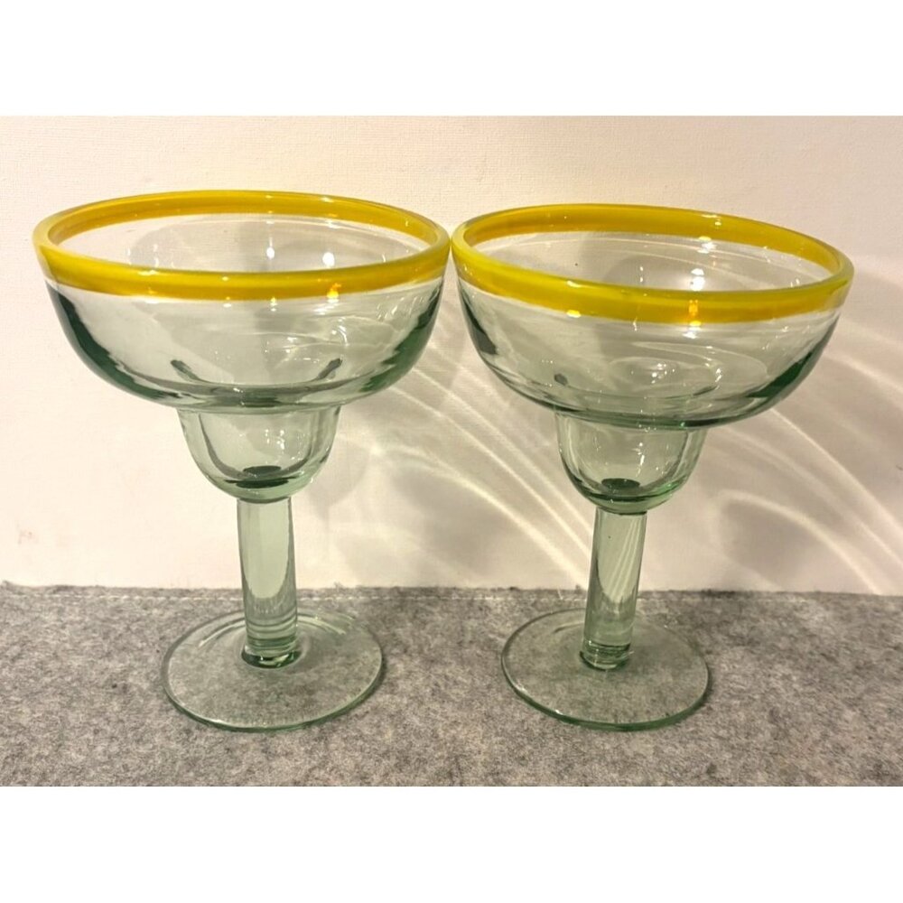 Two Mexican Blown Glass Margarita Glasses w/ Yellow Rim  # 3322